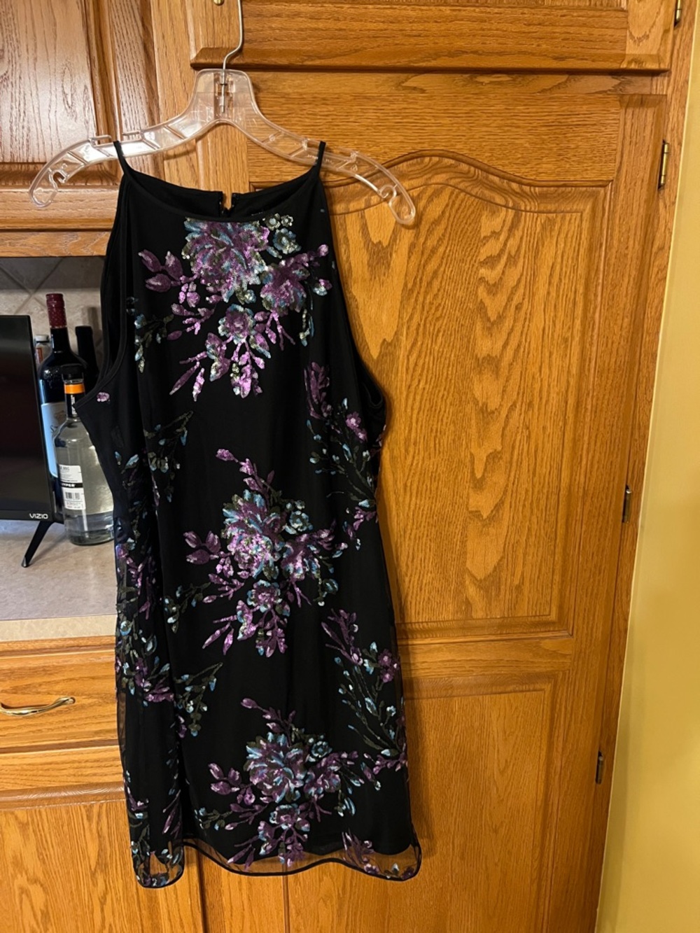 White House Black Market Black Midi Dress with Purple Floral Accents